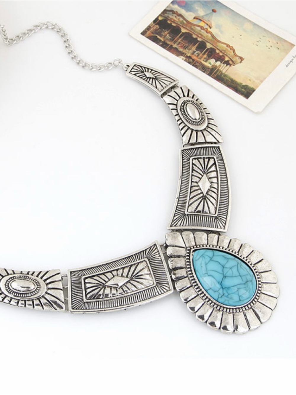 Vintage Turquoise and Silver Geometric Necklace - Picture 3 of 4